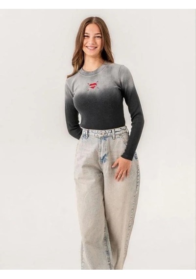 Kız Çocuk Mevsimlik Balıkçı Yaka Fitilli Kalp Detaylı Bluz-14241 Füme