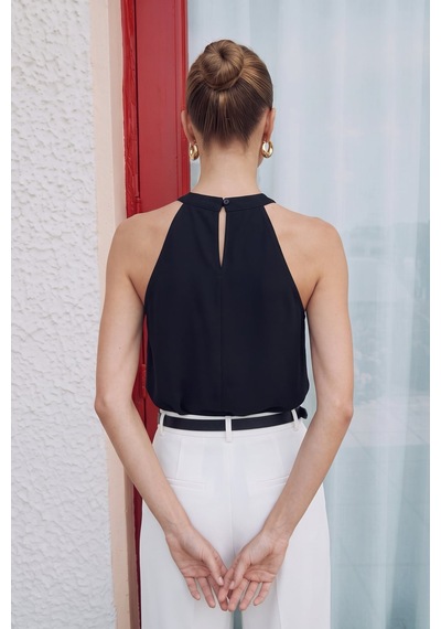 Sateen Halter Yaka Bluz - Siyah-137728