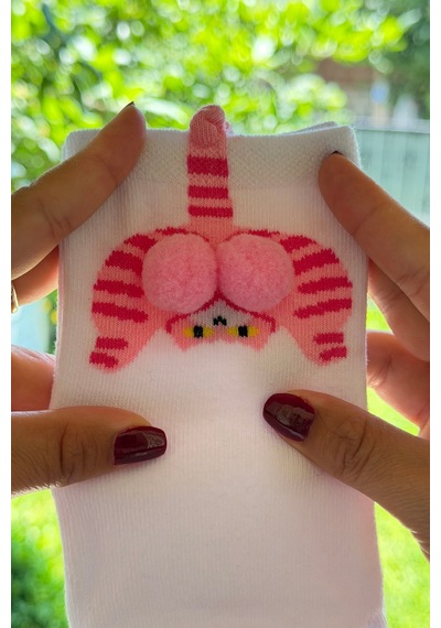 Lousocks Unisex Beyaz Kedi Desenli Ponpon Soket Çorap