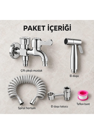 Valkyrie Çift Çıkışlı Taharet Musluğu Seti Spiral Hortumlu El Duşlu Krom Paslanmaz Çelik Gümüş
