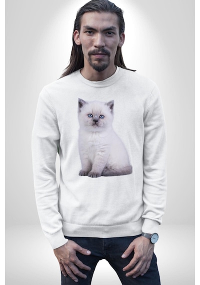 Beyaz Yavru Kedi Unisex Beyaz Sweatshirt Beyaz