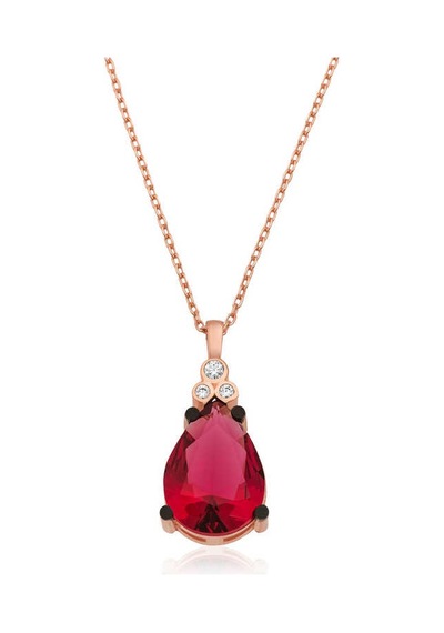 925 Ayar Gümüş Kırmızı Topaz Damla Kolye Rose Gold