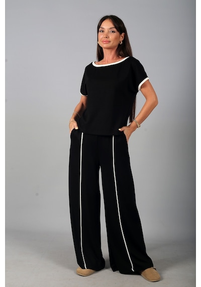 By Saygı Kadın Geniş Yaka Bluz Beli Lastikli Cepli Bol Paça Pantolon Biyeli Modal 2'li Takım Siyah By Saygı Kadın Geniş Yaka Bluz Beli Lastikli Cepli Bol Paça Pantolon Biyeli Modal 2'li Takım Siyah