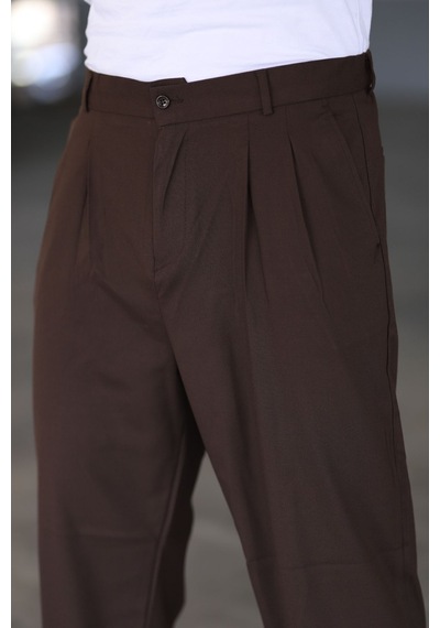 Bürke Baggy Çift Pileli Kahverengi Renk Beli Lastikli Kaliteli Rahat Kesim Klasik Bol Paça Baggy Pantolon