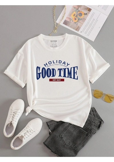 Beyaz Oversize Holiday Baskılı Örme T-shirt Beyaz