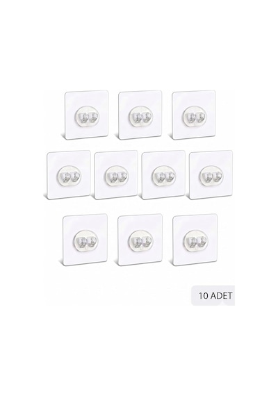 10 Adet 7x7cm Yedek Süper Güçlü Yapışkanlı Askı, 20kg Banyo - Mutfak Raf Tutucu Sticker, Delmesiz Şeffaf