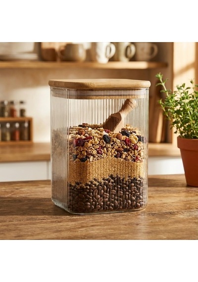 Bambu Kapaklı 200 Ml Kare Cam Kavanoz Çizgili Şeffaf Tasarım, Sızdırmaz Silikon Contalı Saklama Kabı Çok Renkli