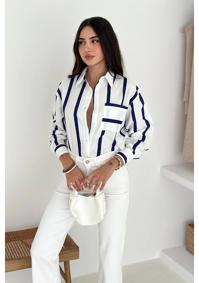 Asprin Fashion Kalın Lacivert Çizgili Gömlek Beyaz