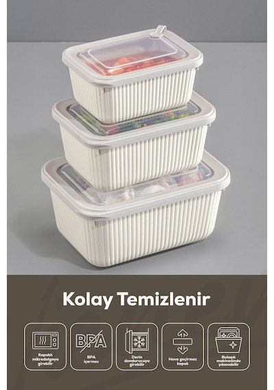 Vienev 3'lü Vip Dikdörtgen Mikrodalga Ve Difrize Uygun Saklama Kabı Seti Bej 1x 1750,1050,600 Ml Bej