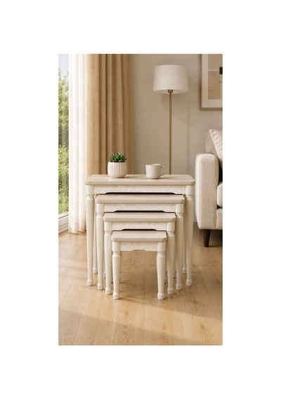 Lidya 4 Lü Zigon Sehpa Takımı Mdf Tabla, Lake Boyalı Gürgen Ayak, Beyaz