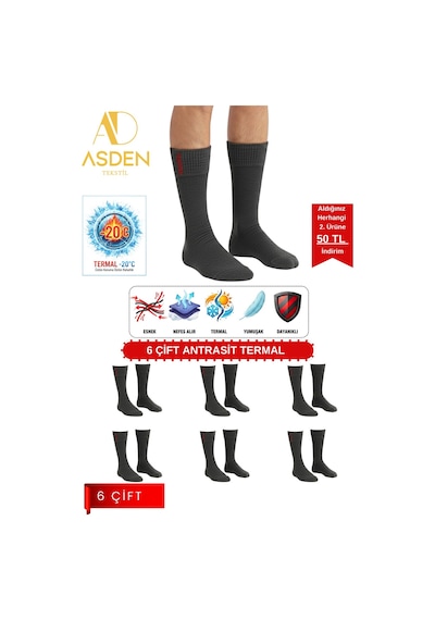 Asden 6 Çift Termal Erkek Çorap Ekstra Kalın Havlu Premium Pamuklu Burun Dikişsiz Kısa Konç Siyah Antrasit6