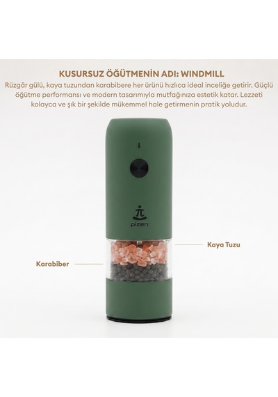 Pizen Windmill Usb Şarjlı Otomatik Baharat Öğütücü Led Işıklı Ayarlanabilir Tuz Karabiber Değirmeni Yeşil