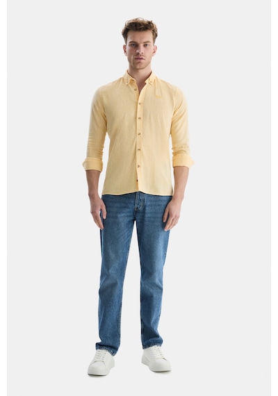 Ucla Jacquez Sarı Keten Nakışlı Standard Fit Erkek Gömlek Sarı