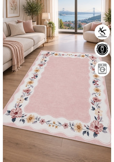 Floral Çerçeve Desenli Baskılı Kaymaz Yıkanabilir Salon Oturma Odası Mutfak Balkon Halısı Yolluk Pembe