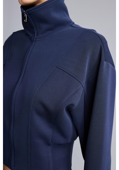 Defacto Standart Fit Dik Yaka Fermuarlı Crop Modal Basic Hırka H4538ax26auın187 İndigo-ın187