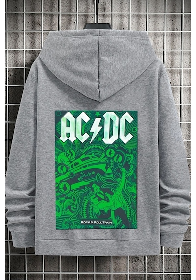 Uyguntarz Unisex Ac Dc Baskılı Kapüşonlu Sweatshirt Gri