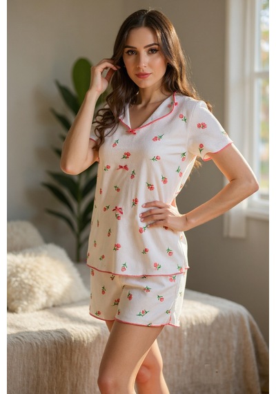 Bella Notte Ekru Çiçek Baskılı Pamuklu Şortlu Pijama Takımı