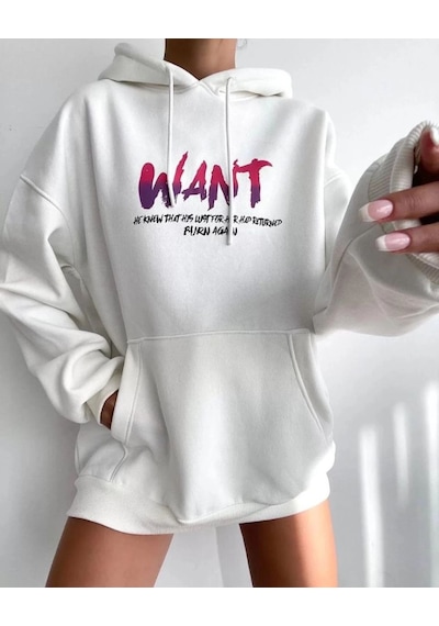Mbb E-ticaret Kadın Oversize Kapüşonlu Cepli Want Baskılı 3 İplik Pamuklu Hoodie Sweatshirt - Beyaz