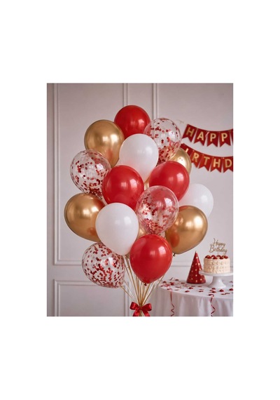 Kırmızı Beyaz Şeffaf Ve Krom Gold Balon Seti Toplam 20 Adet + Kırmızı Balon Pulu Hediye Çok Renkli