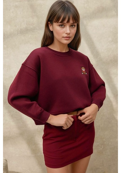 Hiccup İşlemeli Rahat Kesim Pamuklu Sweatshirt Bordo Kırmızı