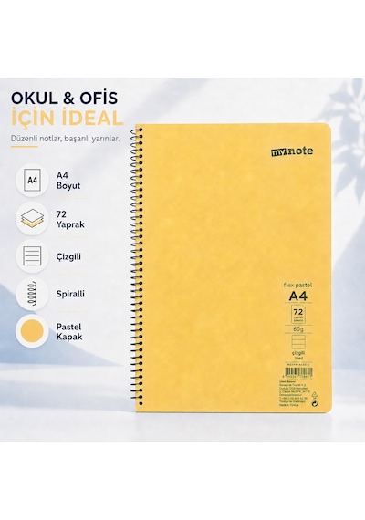 Mynote Flex Pastel A4 72 Yaprak 60 Gr Spiralli Çizgili Defter Sarı