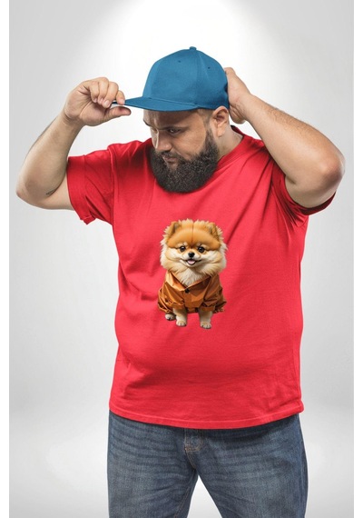 Angemiel Teacup Pomernian Çeket Kırmızı Büyük Beden Erkek Kadın Unisex Basic Ön Baskılı Tişört Kırmızı