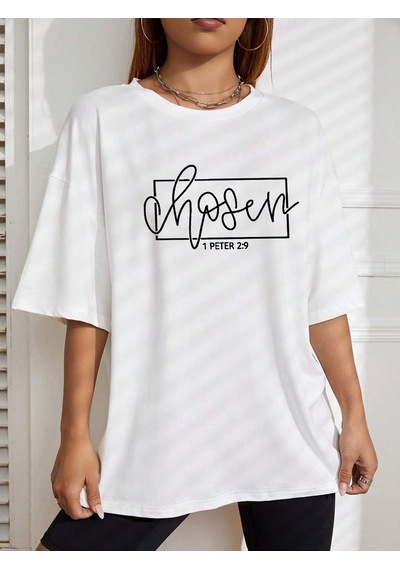 Peter T-shirt - Beyaz Baskılı Oversize Bisiklet Yaka Kısa Kol Tişört Beyaz