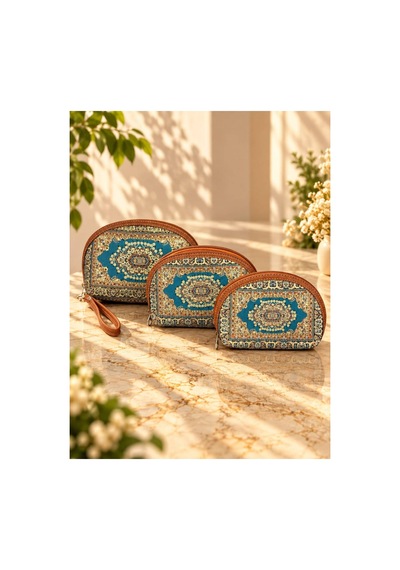 Badufa Home Desenli Fermuarlı Çok Amaçlı 3 Boy Mini Çanta -simli Mavi-taba Mavi-taba