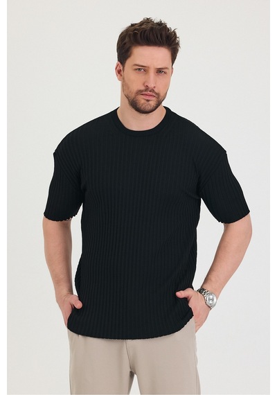 Tarz Cool Erkek Bisiklet Yaka Fitilli Kısa Kollu Ince Triko T-shirt Siyah