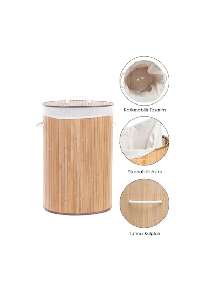 Naturel Yuvarlak Kirli Çamaşır Sepeti - Bambu Katlanabilir Çamaşır Sepeti Sele 35x50 Cm 60 Lt Bej Bej