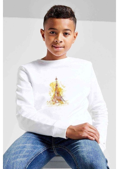 Tshirthane Watercolor Eiffel Tower Baskılı Unisex Çocuk Beyaz Sweatshirt Beyaz