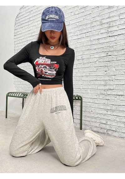 West Coast Eşofman Altı Jogger - Gri Baskılı Lastik Paça Yüksek Bel Gri