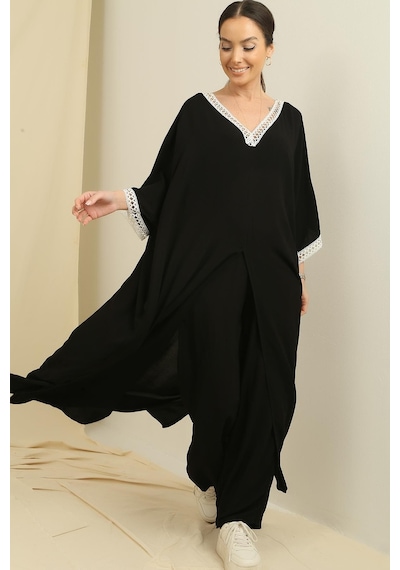 By Saygı Dantel Detaylı Cepli Uzun Tunik Beli Lastikli Pantolon Oversize 2'li Viskon Takım-35780-siyah Siyah By Saygı Dantel Detaylı Cepli Uzun Tunik Beli Lastikli Pantolon Oversize 2'li Viskon Takım-35780-siyah Siyah