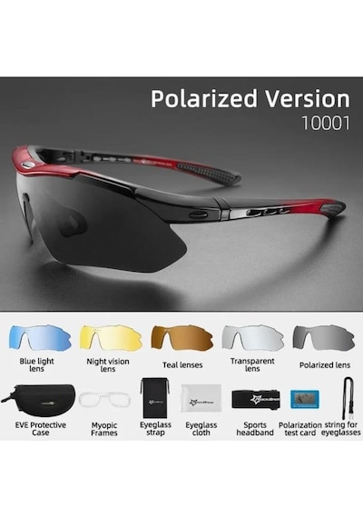 Rockbros Polarize %100 Uv Korumalı Kırmızı 5 Lensli Bisiklet Spor Dağ Kayak Gözlüğü Kırmızı - Siyah