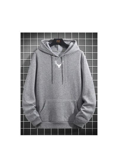 Tarzsokak Unisex Kadın/erkek Geyik Renkli Oversize Kapüşonlu Sweatshirt Gri