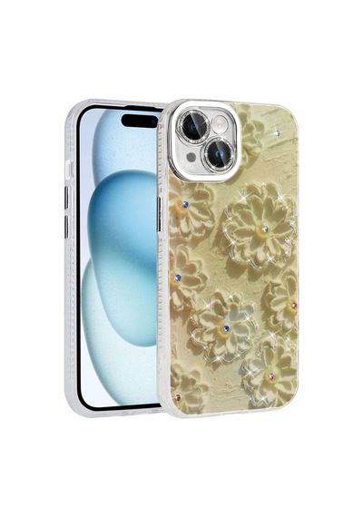Zore Apple iPhone Uyumlu 14 Kılıf Çiçek Desenli Parlak Taşlı Sert Silikon Omsy Garden Kapak - Beyaz