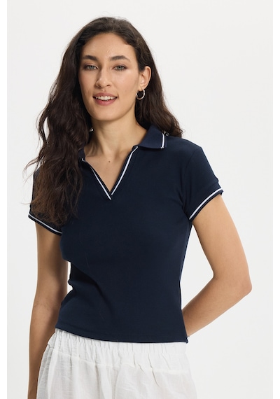 Tudors Kadın Slim Fit Dar Kesim Pamuklu Polo Yaka Kısa Kollu Lacivert Tişört-50463