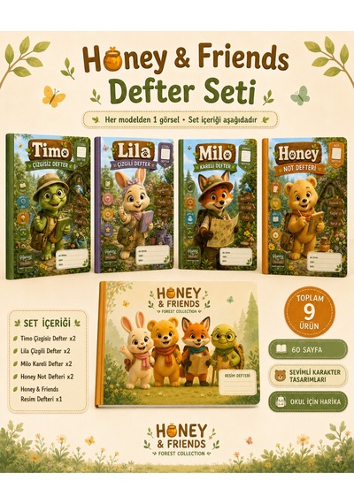 Papelia Honey & Friends Küçük Defter Seti 9 Parça Sevimli Karakterli Çizgili, Çizgisiz, Kareli, Not Ve Resim Defteri Seti Ciltsiz