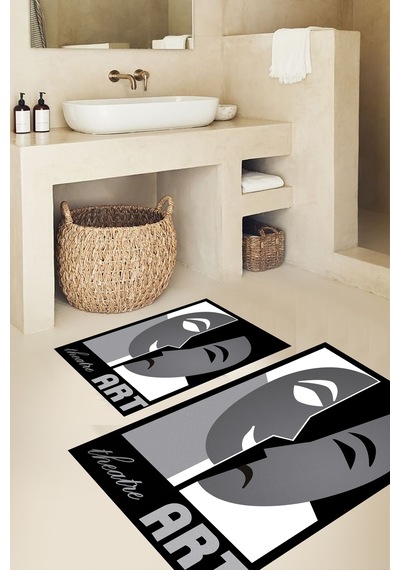 Yüz Desen Banyo Paspası, Kaymaz Taban, Yıkanabilir Klozet Takımı, Gri