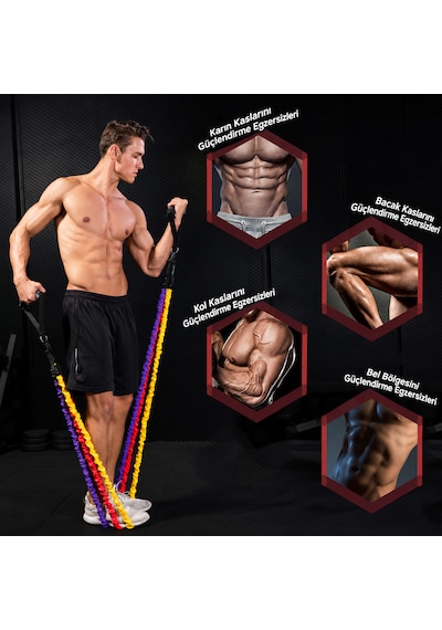 Direnç Lastiği Seti 12 Parça 66 Kg Profesyonel Fitness Egzersiz Lastiği Evde Spor Tüm Vücut Antrenman Seti Çok Renkli