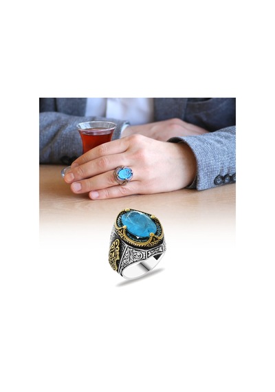 Faset Kesim Soft Aqua Paraiba Taşlı 925 Ayar Gümüş Erkek Yüzük (500124961)