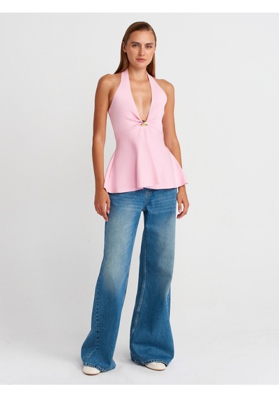 Dilvin 10787 Halter Yaka Metal Detaylı Peplum Triko Bluz-pembe Pembe