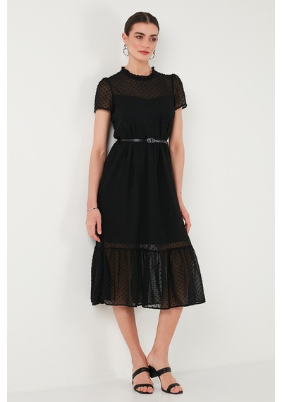 Lela A Kesim Regular Fit Astarlı Midi Boy Kemerli Bayan Elbise 6781937 Siyah