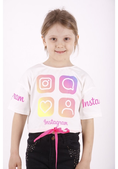 Toontoy Kids Toontoy Kız Çocuk Instagram Baskılı Crop Tişört Ekru