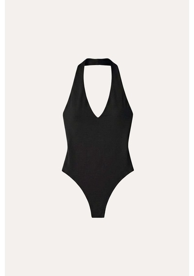 Vatkalı Derin V Yaka Bodysuit-16646 Siyah