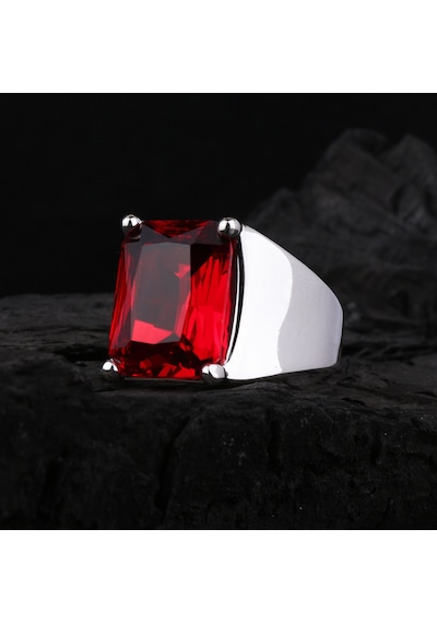 Fkgümüş 925 Ayar Gümüş Kırmızı Taşlı Sade Erkek Yüzük Silver