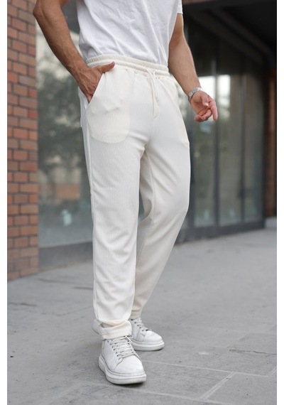Veraura Lifestyle Erkek Fitilli Beli Lastikli Rahat Pantolon Açık Krem