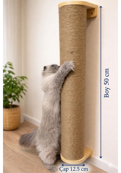 Kedi Tırmalama Direği Duvar Tipi 50 Cm 12,5 Dev Çap Jüt İp Kaplı Dayanıklı Ahşap Tırmalama Tahtası