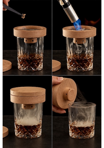 Premium Viski Tütsüleme Seti Ahşap Kapaklı Cam Smoke Infuser, Kokteyl Aromalandırma
