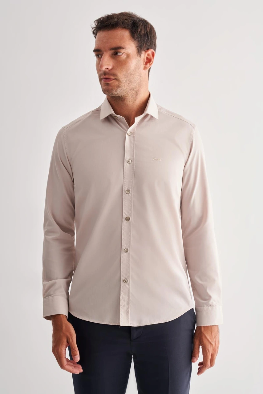 İmza Koyu Bej Yarım İtalyan Yaka Uzun Kol Slim Fit Pamuklu Gömlek 1004255180 Koyu Bej